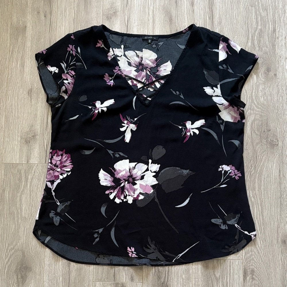 Dynamite Black and Purple Floral Blouse